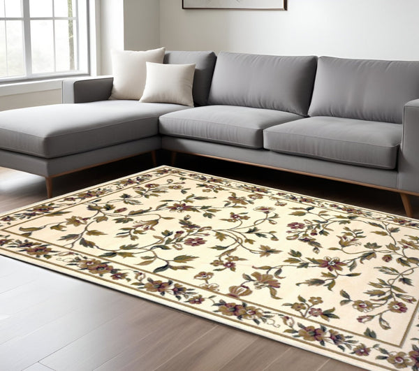 HomeRoots 10' Elegant Floral Vines Area Rug in Ivory, Green & Red - Durable & Timeless Design for Any Space 8" x 11" 354181