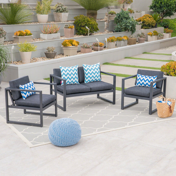 English Elm Christopher Knight Home® - NAVAN Dark Gray 3-Piece Outdoor Chat Set — Aluminum Frame, Compact 52.5"L x 31"W x 23.9"H Comfortable Seating 63056.00DGY