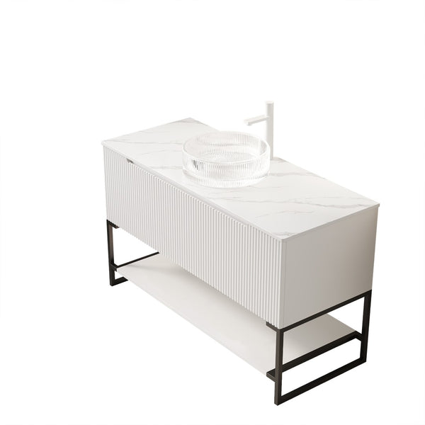 English Elm 48" Freestanding Bathroom Vanity Cabinet Sintered Stone Top Woodgrain Finish Open Shelf W2615S00665