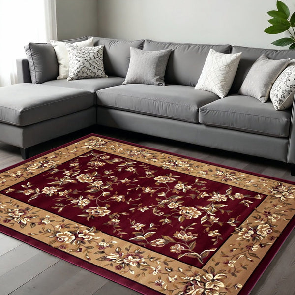 HomeRoots 10' Traditional Red and Beige Floral Vines Area Rug for Living Rooms - Durable, Elegant Design 8" x 11" 354184