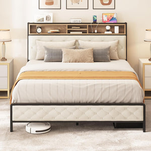 English Elm Queen Upholstered Platform Bed with USB Charging & Storage Headboard, Metal Slats, Beige Elegance W2904P372195