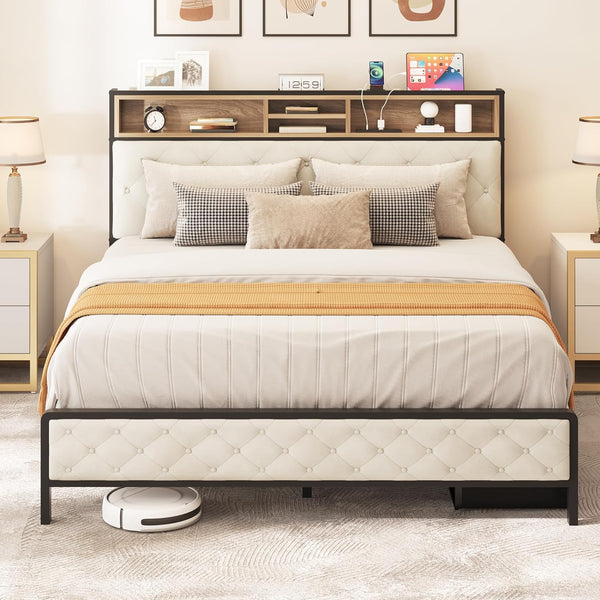 English Elm Queen Upholstered Platform Bed with USB Charging & Storage Headboard, Metal Slats, Beige Elegance W2904P372195