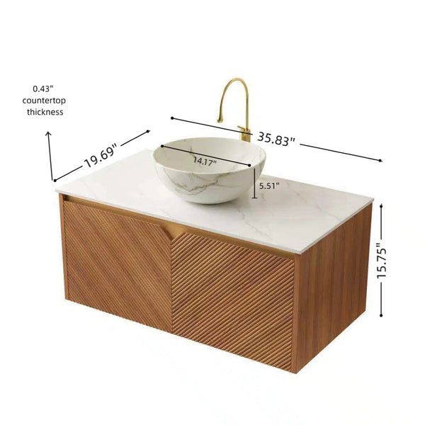 English Elm Dina Floating Bathroom Vanity Sintered Stone Top Glass Basin Striped Plywood Cabinet W2615S00579