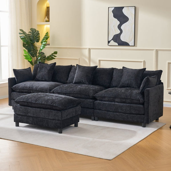 English Elm 108" L-shaped Chenille Cloud Sectional Deep Seat Sofa with Ottoman for Living Rooms Black W3244S00004