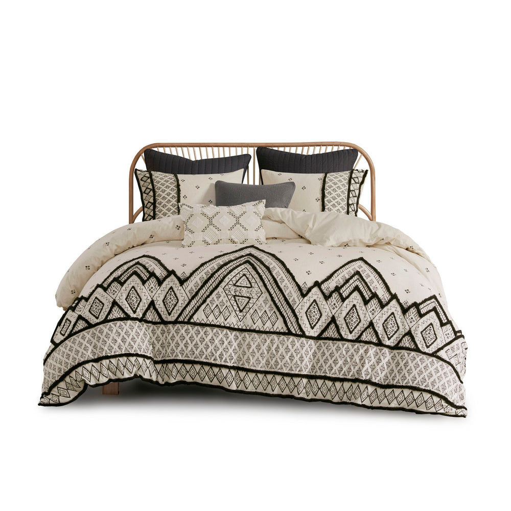 English Elm Full/Queen Marta 3-Piece Cotton Flax Duvet Cover Set with Black Diamond Print & Chenille Trim, Boho Chic B03596485