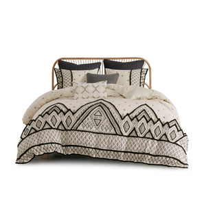 English Elm Full/Queen Marta 3-Piece Cotton Flax Duvet Cover Set with Black Diamond Print & Chenille Trim, Boho Chic B03596485