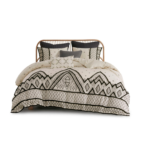 English Elm Full/Queen Marta 3-Piece Cotton Flax Duvet Cover Set with Black Diamond Print & Chenille Trim, Boho Chic B03596485