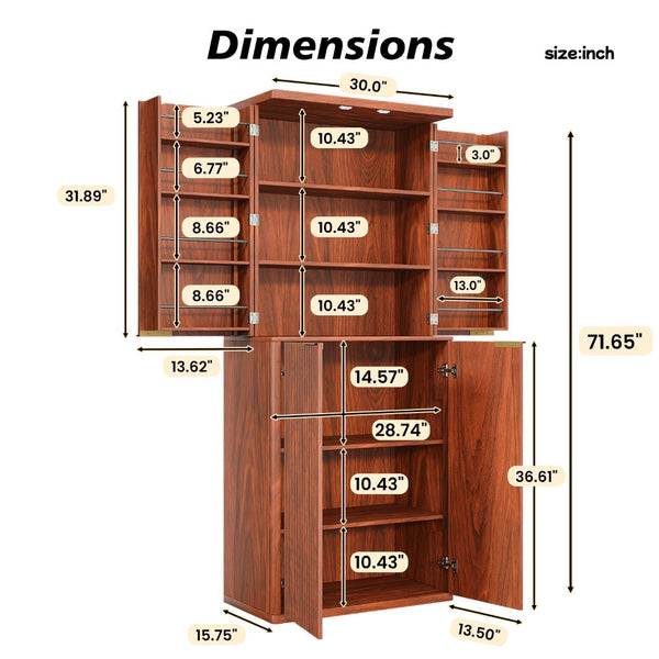 English Elm 72" Fluted Pantry Cabinet Tall Freestanding Kitchen Organizer with Sculpted Wood Doors Walnut W1820P379273