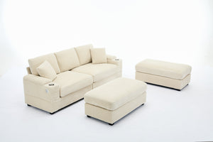 English Elm Corduroy Upholstered Chaise Lounge Sofa with Movable Ottoman, Cup Holder, Deep Seat Comfort Beige W2120S00008