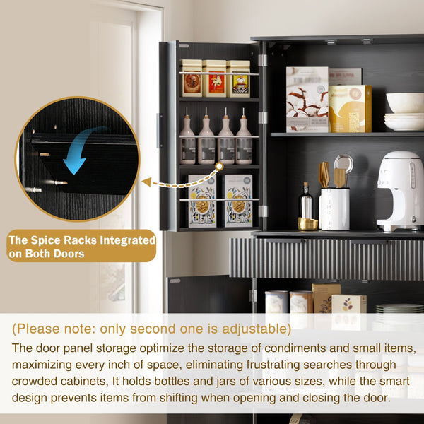 English Elm 72" Fluted Kitchen Pantry Cabinet with Anti-Tilt Stabilizers, Triple-Fold Hinges, Spice Door Racks and Deep Storage Black W2917P294985