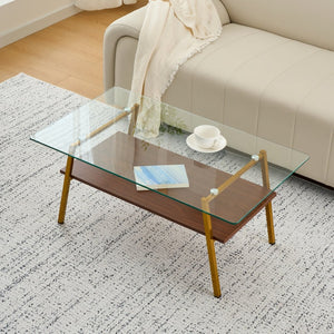 English Elm Rectangle Coffee Table - Modern Tempered Glass Top With Gold Metal Legs For Chic Living Room Style W241126033-GIGA