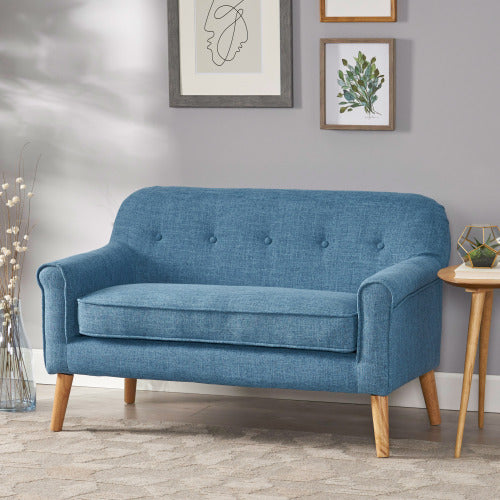 English Elm Christopher Knight Home® - Love mid-century two-seater loveseat with button-tufting, rolled arms, plush fabric and tapered legs Blue N771P202672E