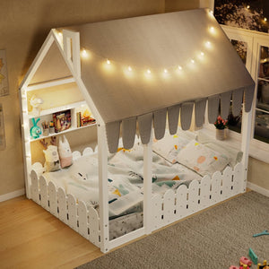 English Elm {slats Are Not Included} Twin Montessori House Floor Bed Kids Tent Lights Shelves Pinewood Frame White N708P407963K