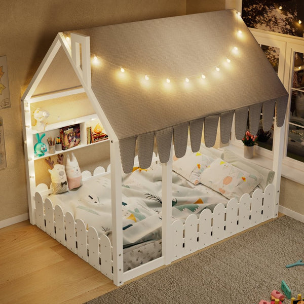 English Elm {slats Are Not Included} Twin Montessori House Floor Bed Kids Tent Lights Shelves Pinewood Frame White N708P407963K