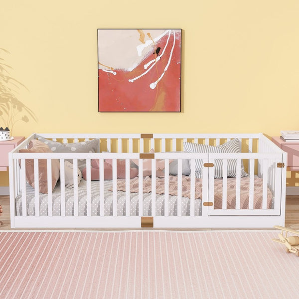 English Elm Twin House Frame Floor Bed Rubberwood with Roof Canopy and Safety Rails for Kids White W504P429538