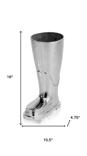HomeRoots 16" Silver Buffed Aluminum Firefighter Boot Umbrella Stand Sculpture - Stylish Home Decor Accent 10.5 354611