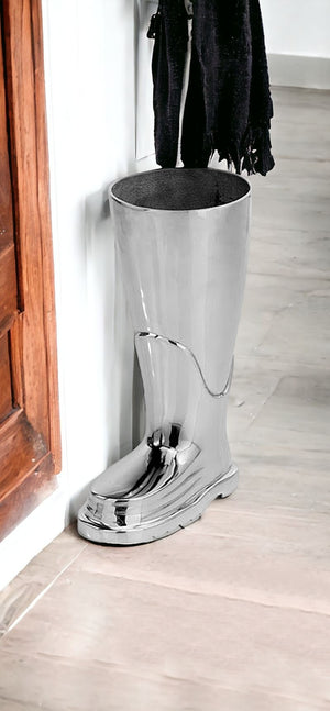 Homeroots 16" Silver Buffed Aluminum Firefighter Boot Umbrella Stand Sculpture  Buffed Aluminum 354611