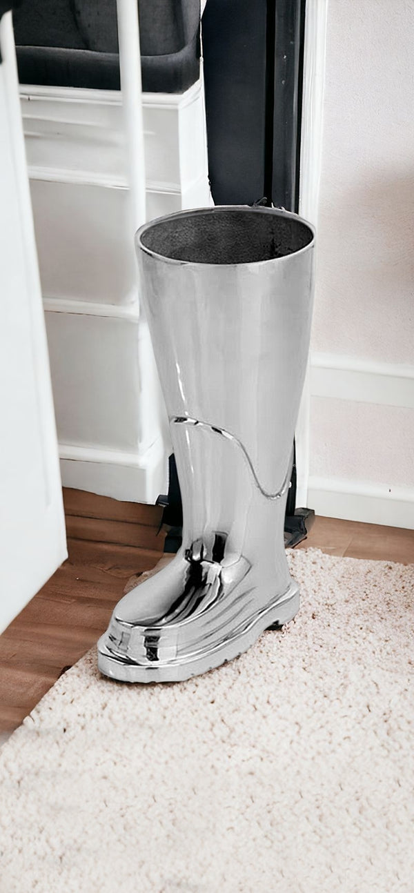 Homeroots 16" Silver Buffed Aluminum Firefighter Boot Umbrella Stand Sculpture  Buffed Aluminum 354611