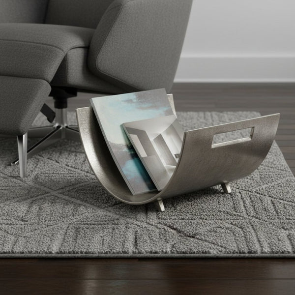 HomeRoots 17" Brushed Silver Magazine Basket - Modern Rustic Aluminum Storage for Home or Office Décor 354612
