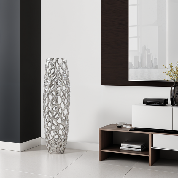 Homeroots 32" Aluminum Silver Twigs Cylinder Floor Vase  Aluminum 354634
