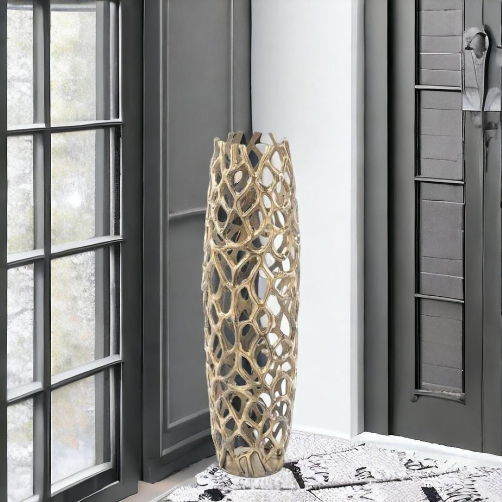 HomeRoots 32" Aluminum Twigs Cylinder Floor Vase - Modern Decorative Accent for Home, Office, or Events Medium Gold 354655