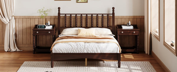 English Elm Full Full Size Wood Platform Bed with Gourd Headboard, Walnut Retro Charm, Solid Slat Support, 500LB Capacity N733P338317D