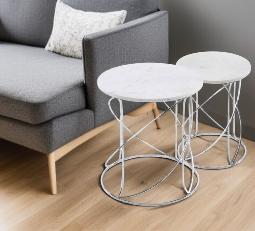 HomeRoots Set of Two Elegant White Marble and Silver Metal Round Pedestal Accent Tables for Modern Decor 354675