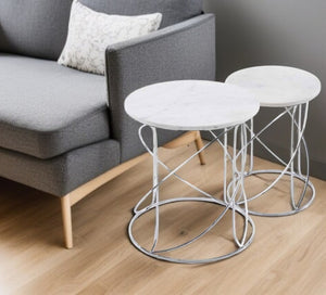 HomeRoots Set of Two Elegant White Marble and Silver Metal Round Pedestal Accent Tables for Modern Decor 354675