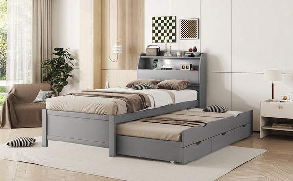 English Elm Twin LED Platform Bed with Trundle and Under-Storage Drawers, Flip-Up Headboard, USB Ports Gray N820S10008E
