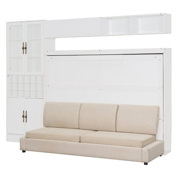 English Elm Full Size Murphy Wall Bed with Linen Sofa Integrated Shelving Usb Charging and Lighting LP000763AAK