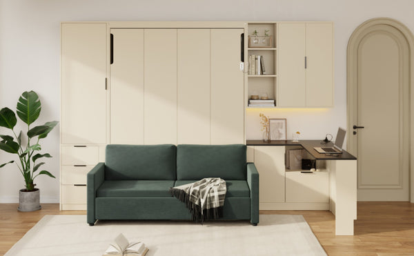 English Elm Queen Murphy Wall Bed Hydraulic Lift Velvet Sofa Built-in Shelves Led Studio Unit Cream LP000392AAA