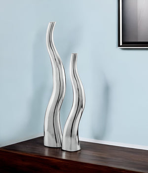 HomeRoots Set of Two Contemporary Silver Aluminum Vases - Sculptural Squiggly Design for Modern Decor Accents Large 354815