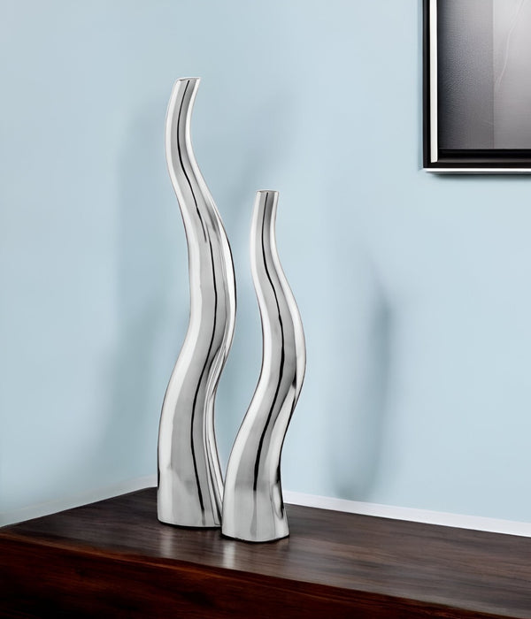 HomeRoots Set of Two Contemporary Silver Aluminum Vases - Sculptural Squiggly Design for Modern Decor Accents Large 354815