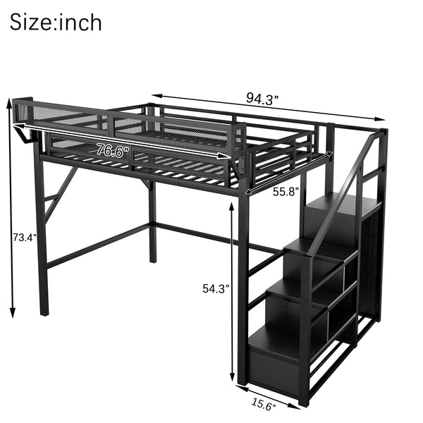 English Elm Full Size Loft Bed With Stairs And Storage Shelves – Stylish Black Metal High Loft Bed For Kids & Teens W2580S00037