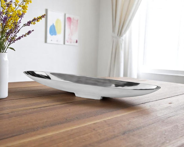 HomeRoots 32" Contempo Shiny Silver Serving Tray - Sleek Boat Design for Modern Table Centerpieces & Events Long 354890