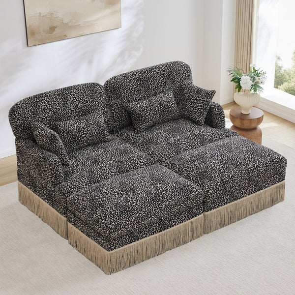 English Elm Comfy Chenille Leopard Print Loveseat with Tassel Trim and Movable Ottoman Modules Khaki W5656S00021