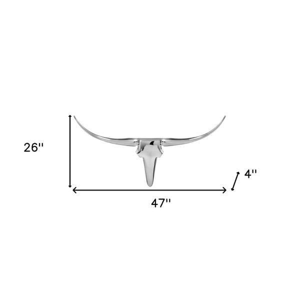 HomeRoots 47" Silver Long Horn Wall Sculpture - Handcrafted Aluminum Art for Modern Southwestern Decor 47 354901