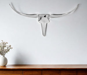 HomeRoots 47" Silver Long Horn Wall Sculpture - Handcrafted Aluminum Art for Modern Southwestern Decor 47 354901