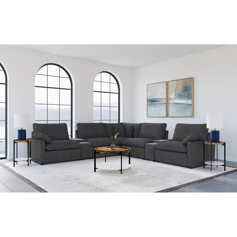 English Elm Dark Grey Modular Sectional with Power Recliners Consoles and Lift Top Storage B062S01848