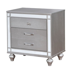 English Elm Silver Contemporary Nightstand with Crocodile-Textured Panels, Mirror Trim & Felt-Lined Top Drawer, Ornate Bun Feet B011P402572