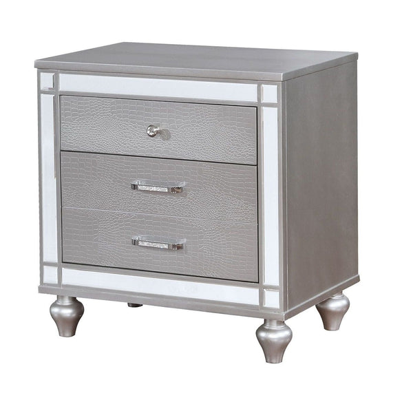 English Elm Silver Contemporary Nightstand with Crocodile-Textured Panels, Mirror Trim & Felt-Lined Top Drawer, Ornate Bun Feet B011P402572