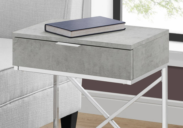 English Elm Accent Table - Modern Grey Laminate Nightstand With Chrome X-Frame And Storage Drawer For Versatile Use B2710P219297