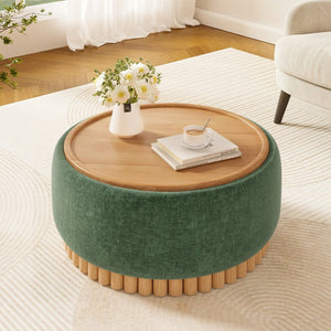English Elm 29" Round Boucle Storage Ottoman Sculptural Wood Base Reversible Lid Living Room Green N723P405304G