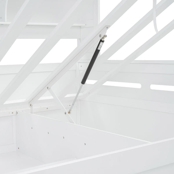 English Elm Full Size Wooden Daybed With Hydraulic Lift, Integrated Storage Cabinet & Stylish Shelving, White N820S00047K