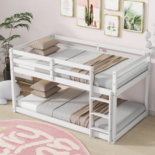 English Elm Solid Rubberwood Twin-Over-Twin Floor Bunk Bed With Ladder, Sturdy Slats & Stylish White Finish W504P191666-GIGA