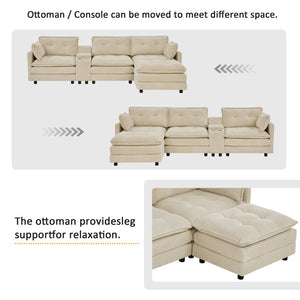 English Elm 119" Tufted Corduroy L-shaped Sectional with Ottoman Console Usb Charging 4 Seat Beige W1998S00100