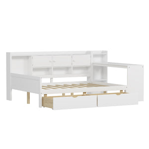 English Elm Full Full Size Wooden L-Shape Daybed with 7 Cabinets, 2 Drawers, Desk & Bookshelf — Space-Saving White N733S351674K
