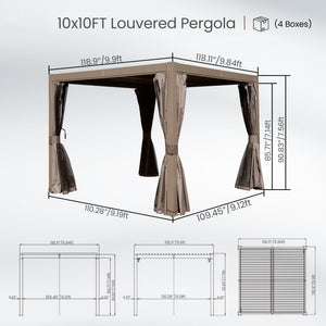 English Elm 10x10 Adjustable Louvered Pergola with Dual Tilt Roof, Integrated Gutter, Durable Aluminum Frame Brown W1859S00127