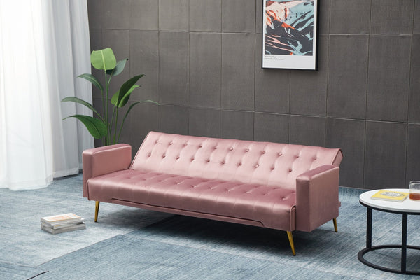 English Elm Sofa Bed Velvet Upholstered Convertible with Gold Metal Legs for Studio Spaces Rose B205P246428
