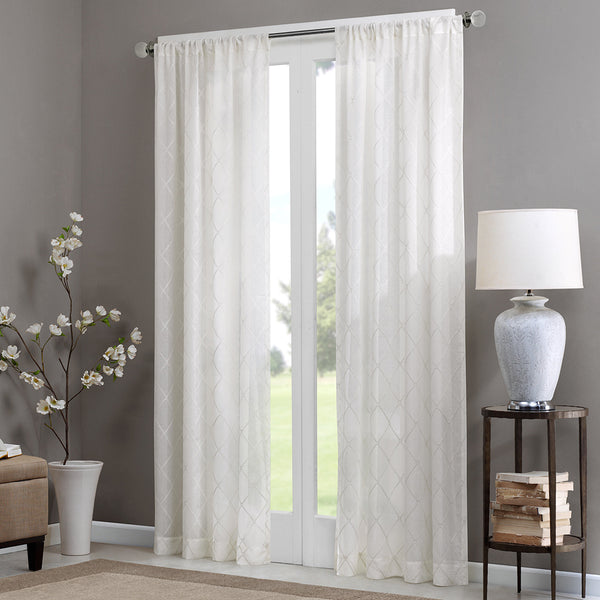 JLA Home Madison Park - Diamond Sheer Window Curtain Panel with Embroidered Diamond Texture for Soft Light Diffusion and Layering White MP40-1064